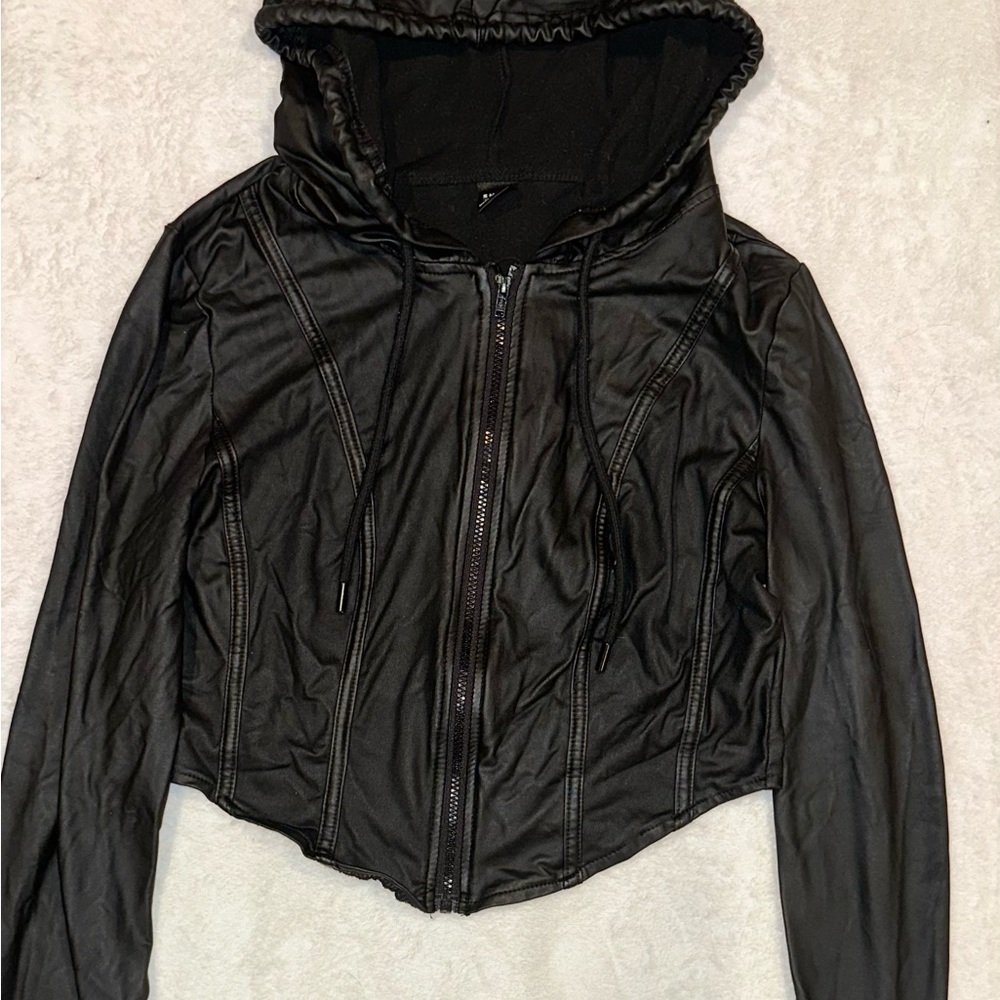 SHEIN Black Cropped Leather Jacket with Hood